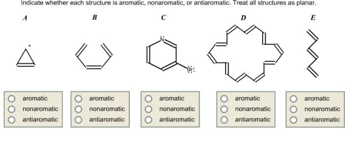 Indicate whether each structure is aromatic nonaromatic or antiaromatic